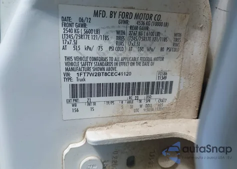2012 Ford F250 Xl from USA, damaged, VIN 1FT7W2BT8CEC41120